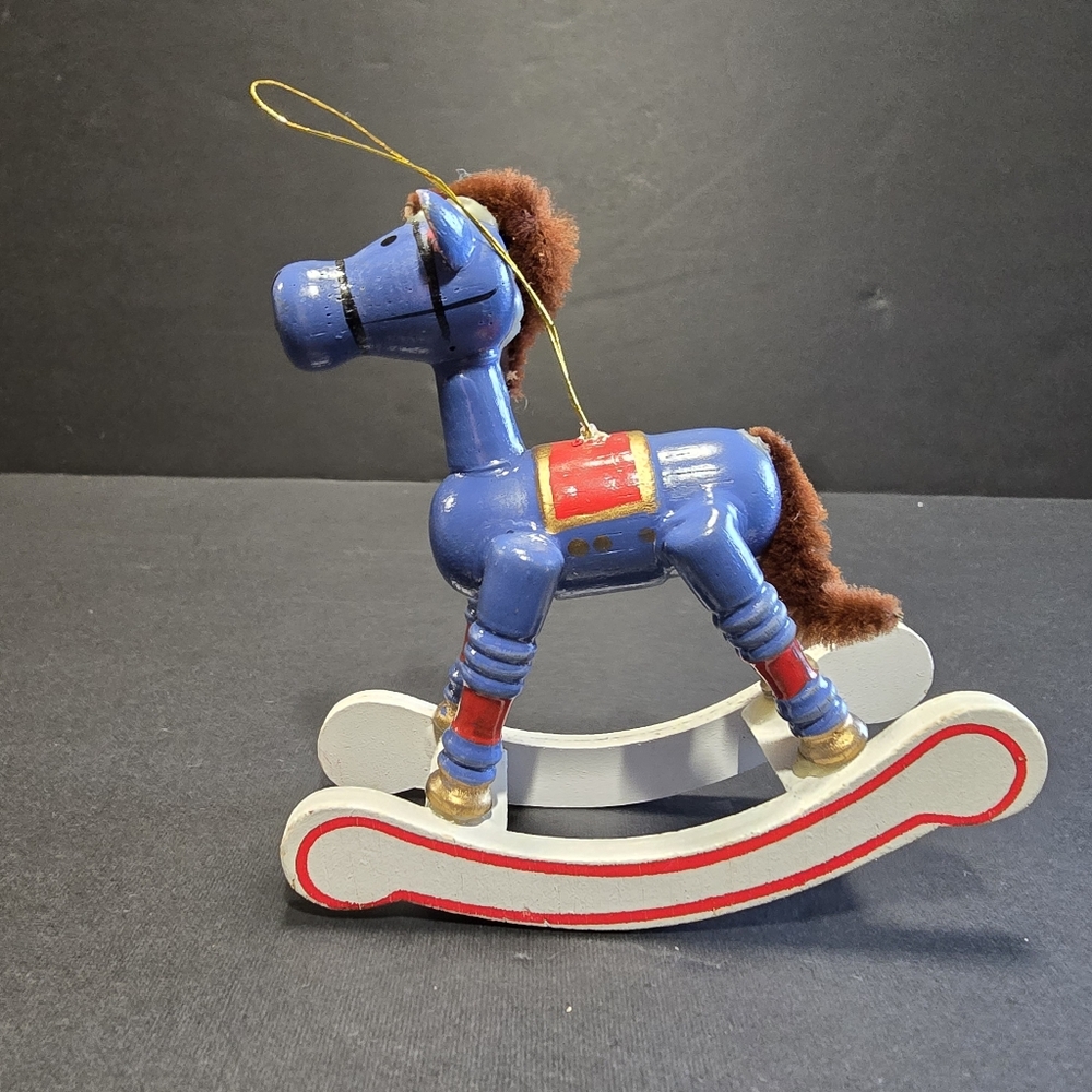 Vtg Christmas Rocking Horse Ornaments 2 Painted Wood, 1 Plastic - Picture 8 of 16